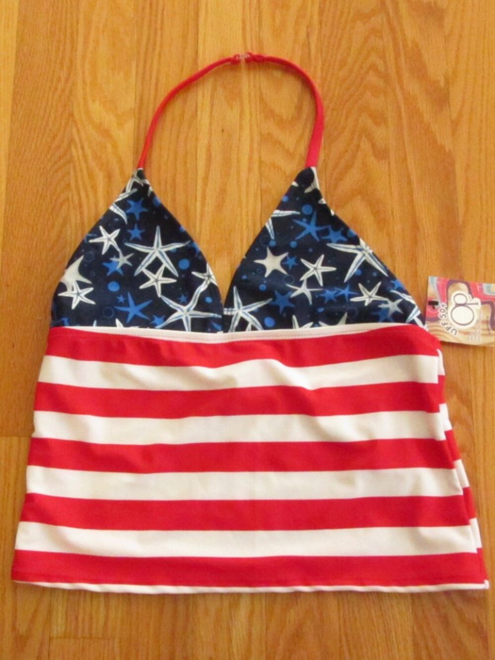 OP OCEAN PACIFIC GIRL'S SIZE XL SWIM TOP RED WHITE BLUE HALTER TANKINI STARS NWT
